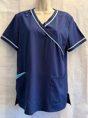 Women's Navy Front Wrap Scrub Top with Light Blue Trim Sz-M. FF20